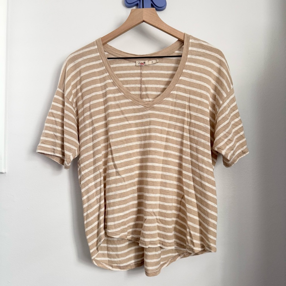 Faherty Medium Oceanside Stripe V Neck Tee Linen Beige White